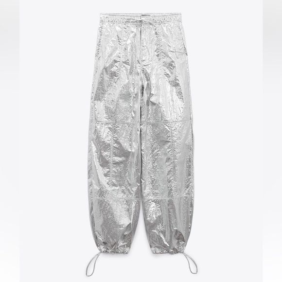 ZARA WOMAN MID RISE METALLIC PARACHUTE TROUSERS PANT SILVER 8338/405/070/015 - Picture 3 of 10